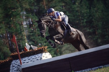 Cheval noir avec cavalière sautant par-dessus l'obstacle