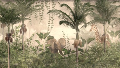 Forêt tropicale avec éléphant et girafe